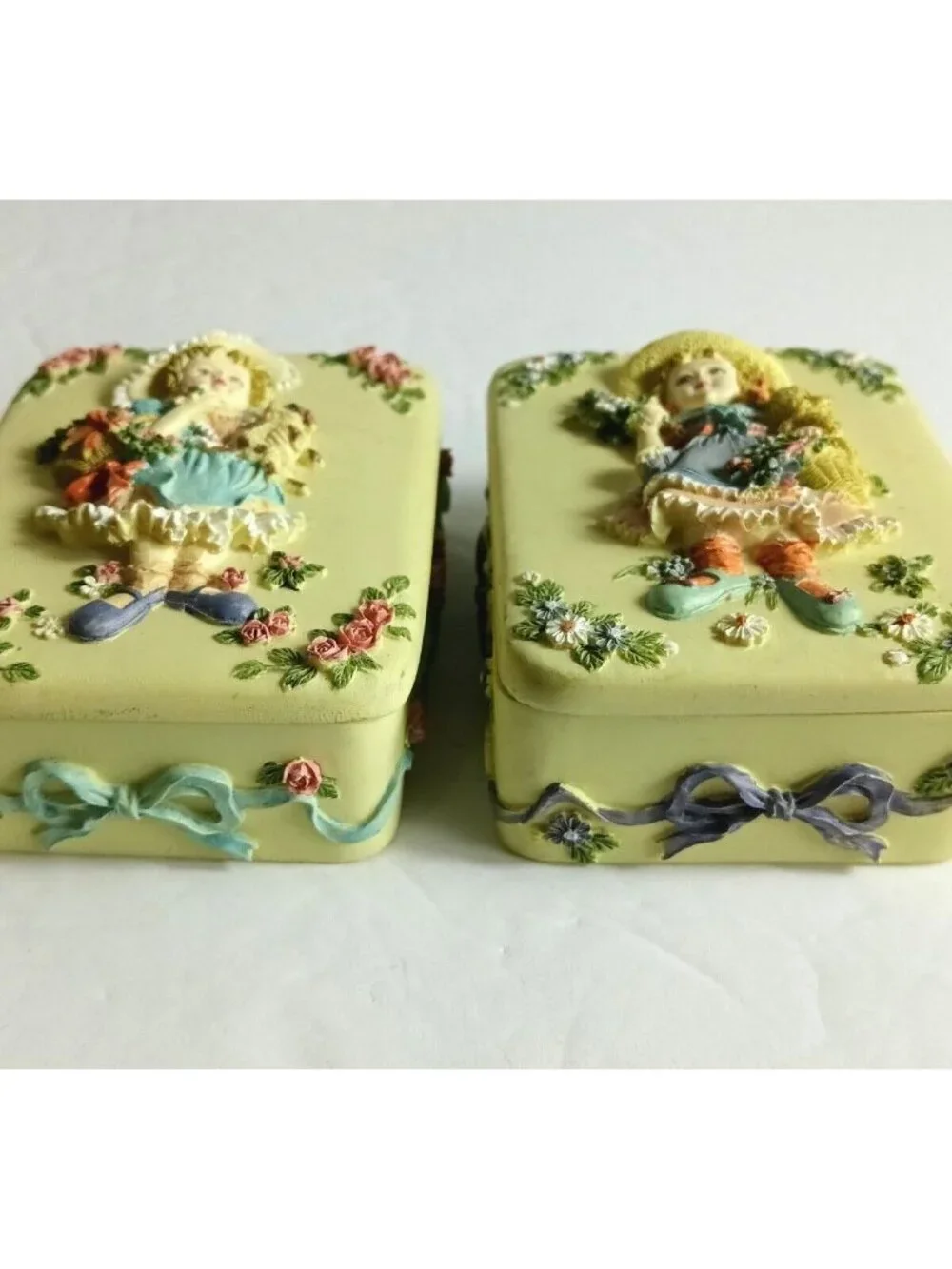 Pair of Vintage Yellow Rectangular Trinket Boxes with Raised Girl & Floral Desig